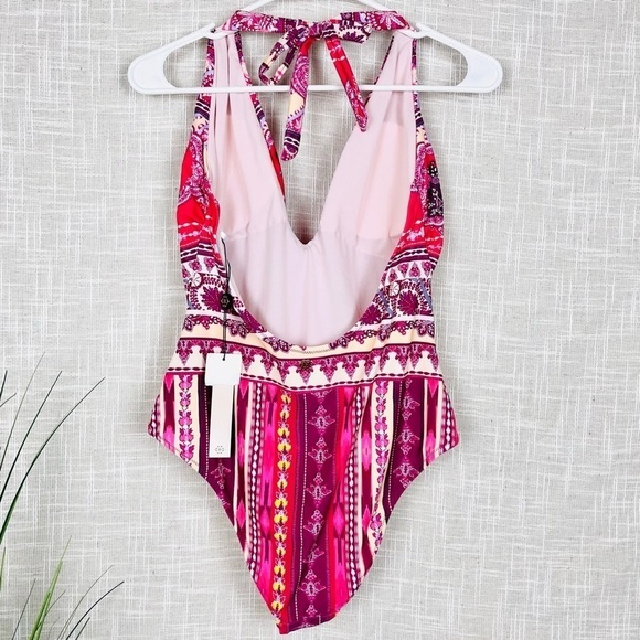 NWT Nanette Lepore Poppy Red & Purple Print Plunge Halter One-Piece Swimsuit - Picture 6 of 7